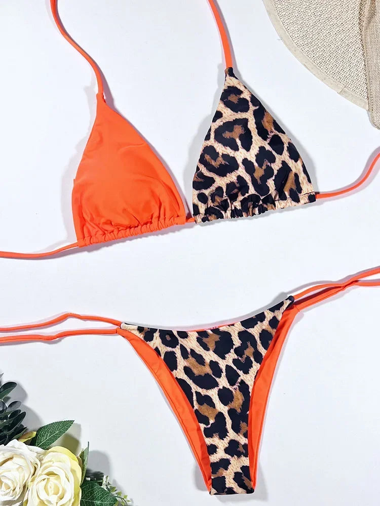 Halter Splicing Leopard Satin Bikini