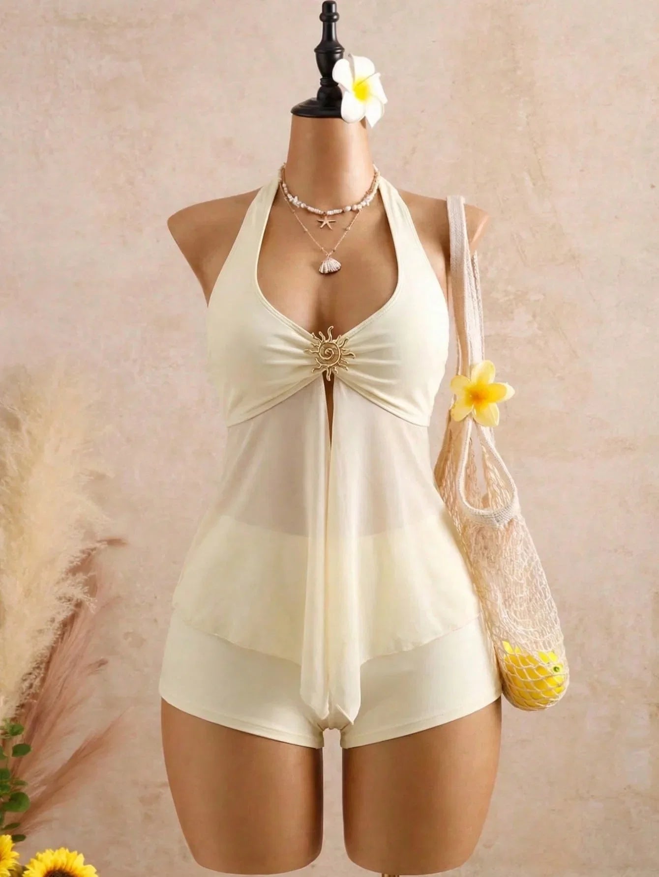 Vintage Yellow Polka Dot Print Bikini Set