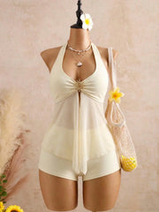 Vintage Yellow Polka Dot Print Bikini Set