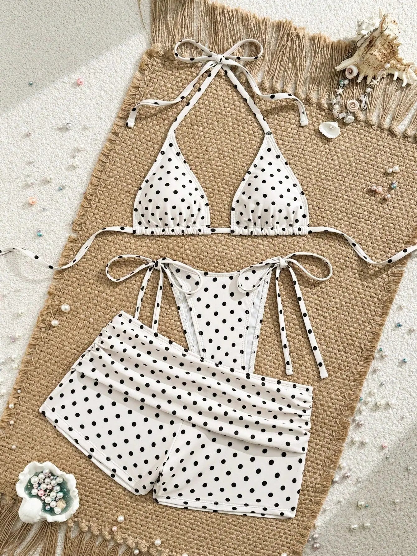 With Shorts Polka Dot Halter Mini Micro Thong Bikini