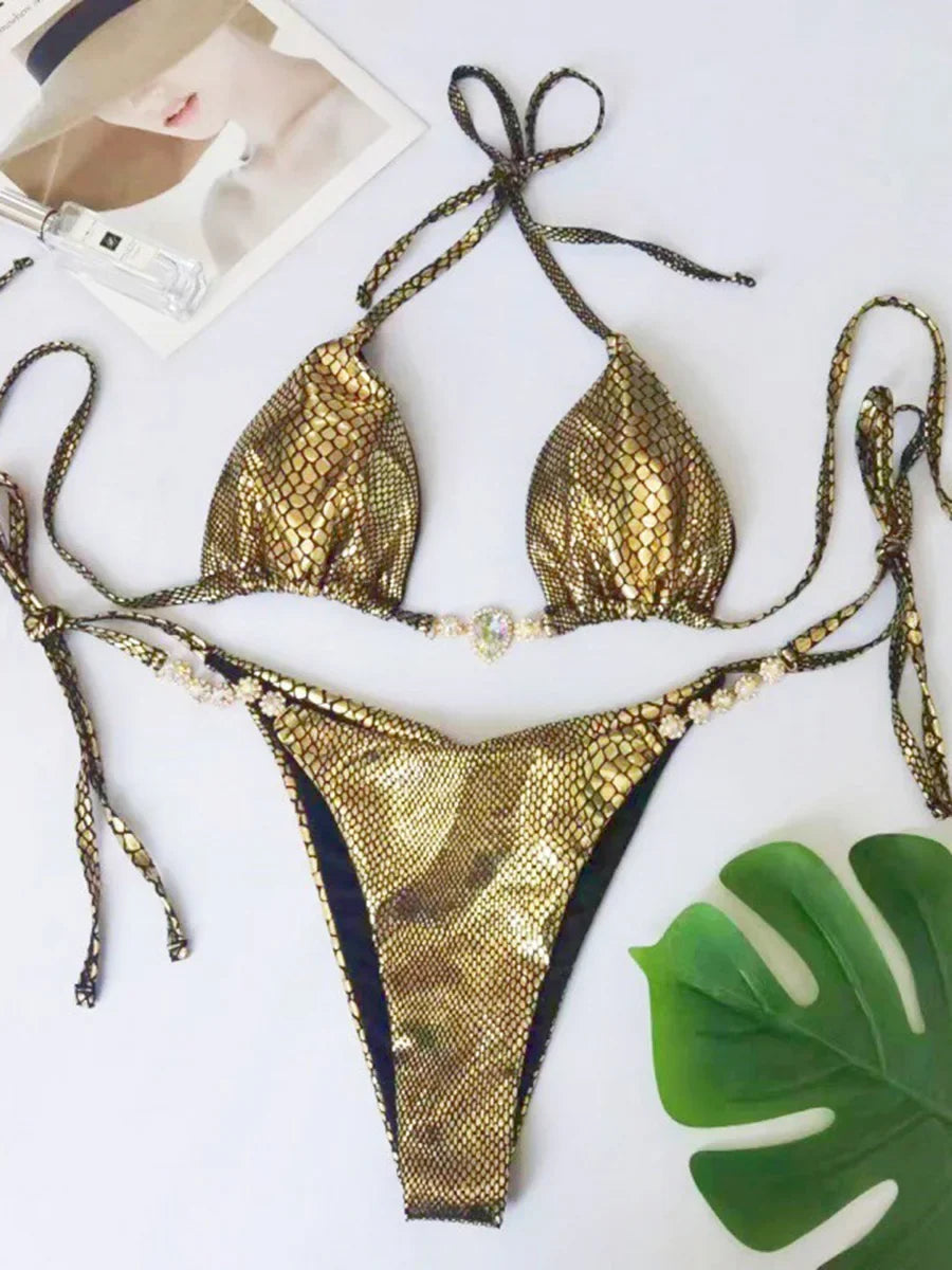 Snake Skin Rhinestone Diamond Bikini