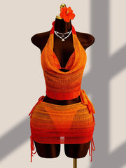 Sexy Orange Knitted Cover Up+drawstring Side Skirt 4 Piece Bikini Set