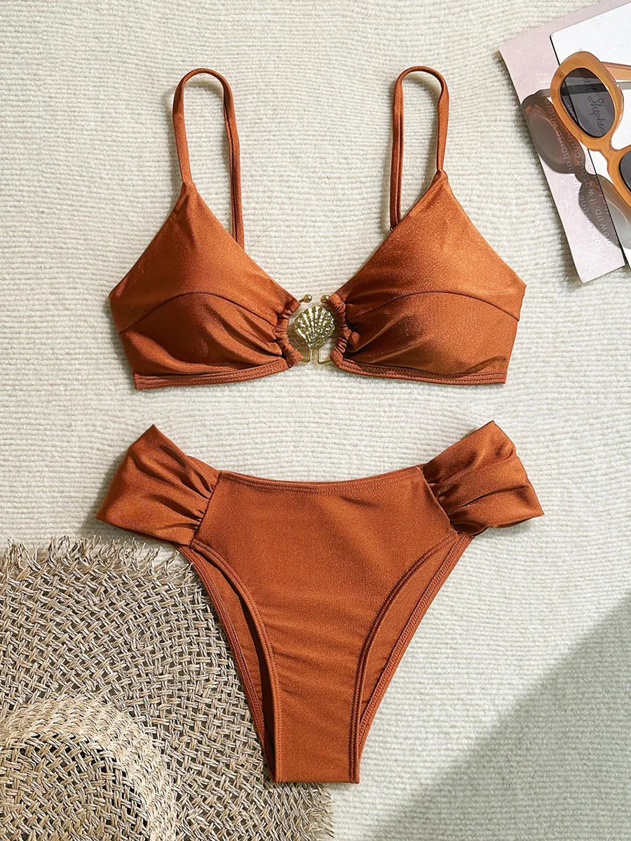 S - XL Metal Shell Halter Female Swimsuit