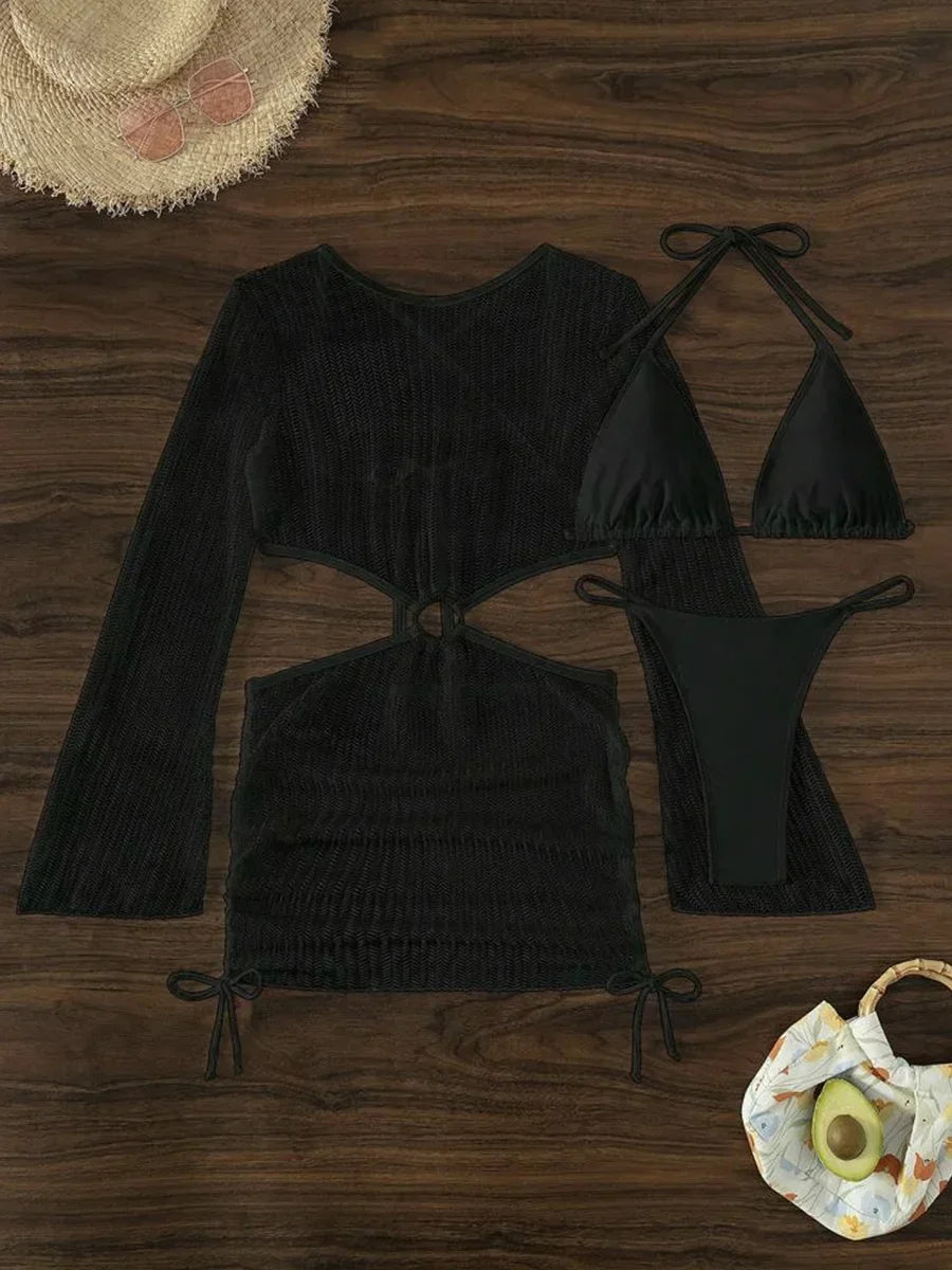 Mesh Sheer Long Sleeve Cover-Up Micro Bikini
