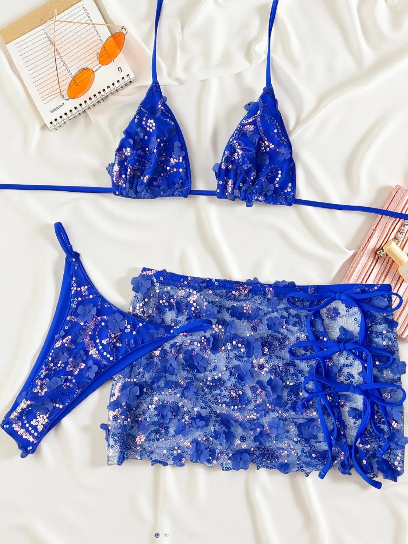Shiny Sequin Pink Mesh Skirt 3 Piece Bikini Set
