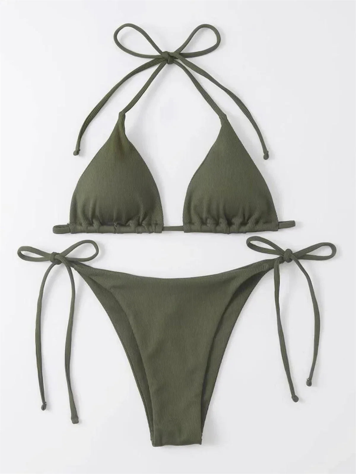 Solid Red Halter Push Up Bra Tie Side Triangle Swimsuit