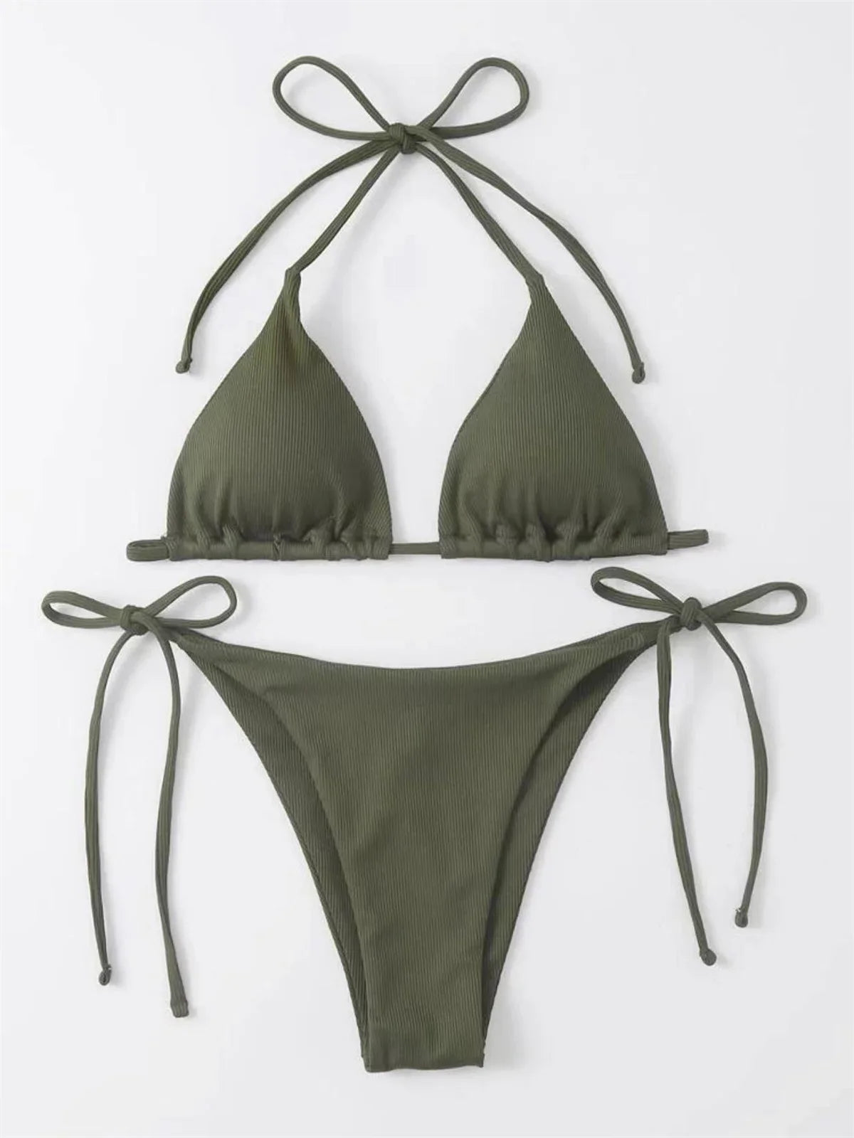 Solid Red Halter Push Up Bra Tie Side Triangle Swimsuit
