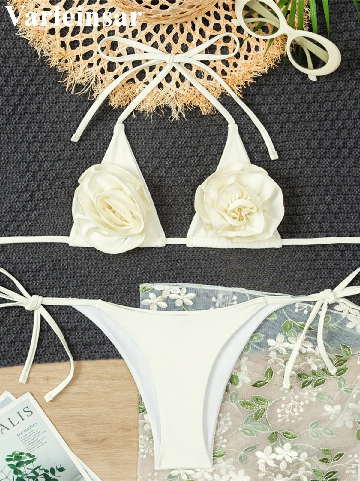 Bather Bathing Suit Swim 3PCS With Sarong 3D Flowers Halter Bikini