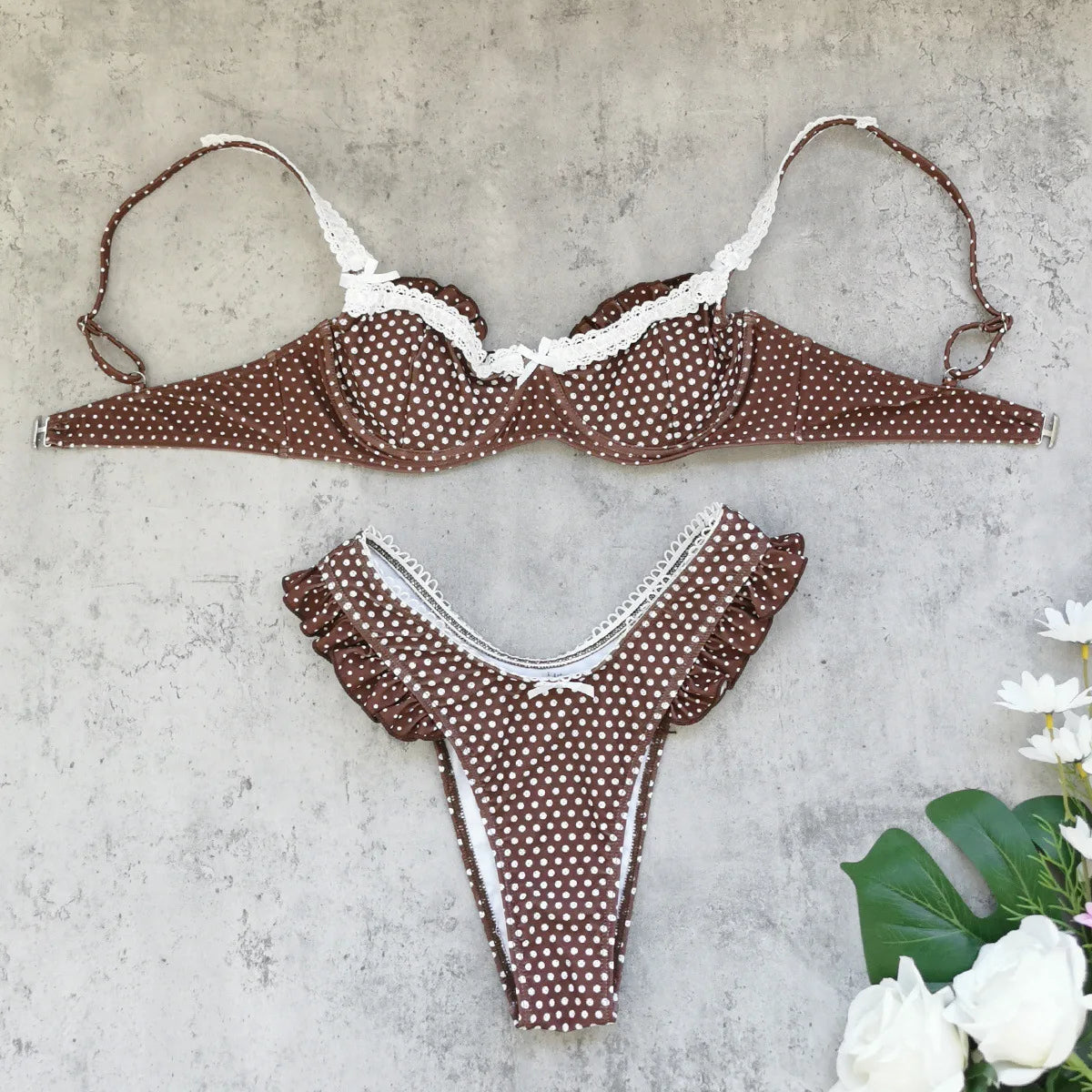 Sexy Coffee Polka Dot Print Micro Bikini