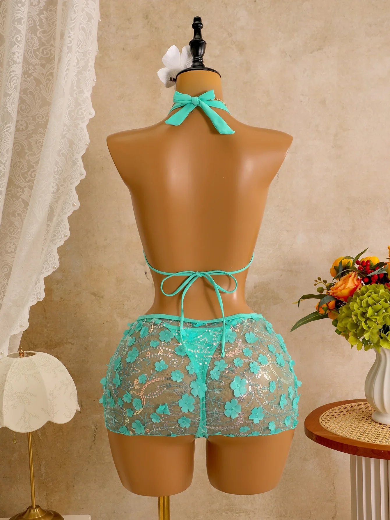 Sexy Mesh 3D Flower Cover Up 3 Piece Bikini Set
