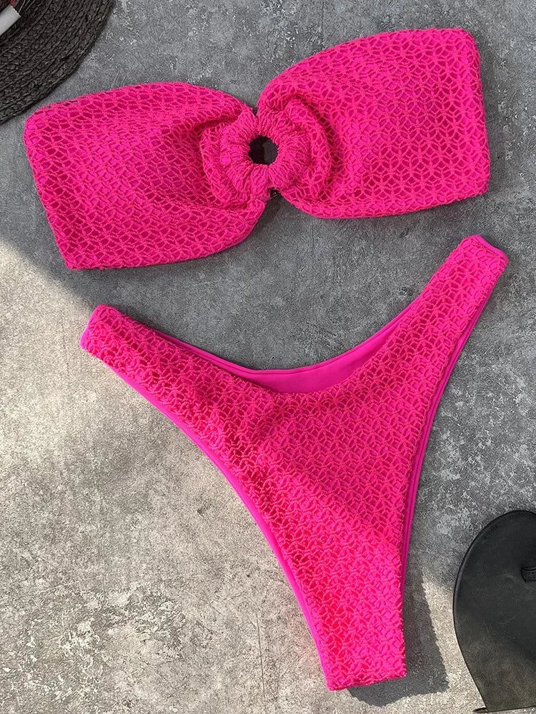 Wrinkled Fishnet Strapless Bandeau Bikini