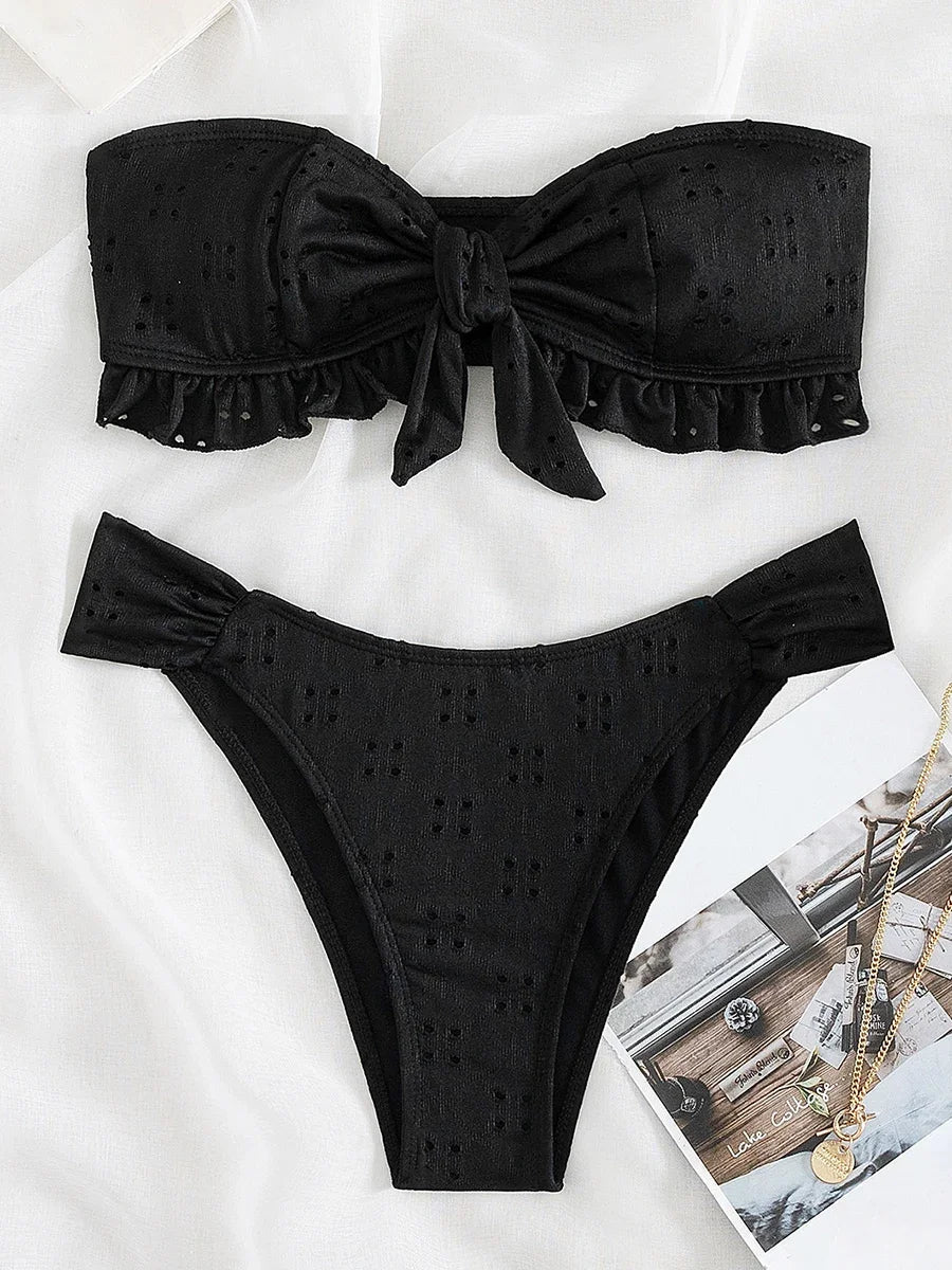 Ruffled Frill Knotted Bandeau Bikini