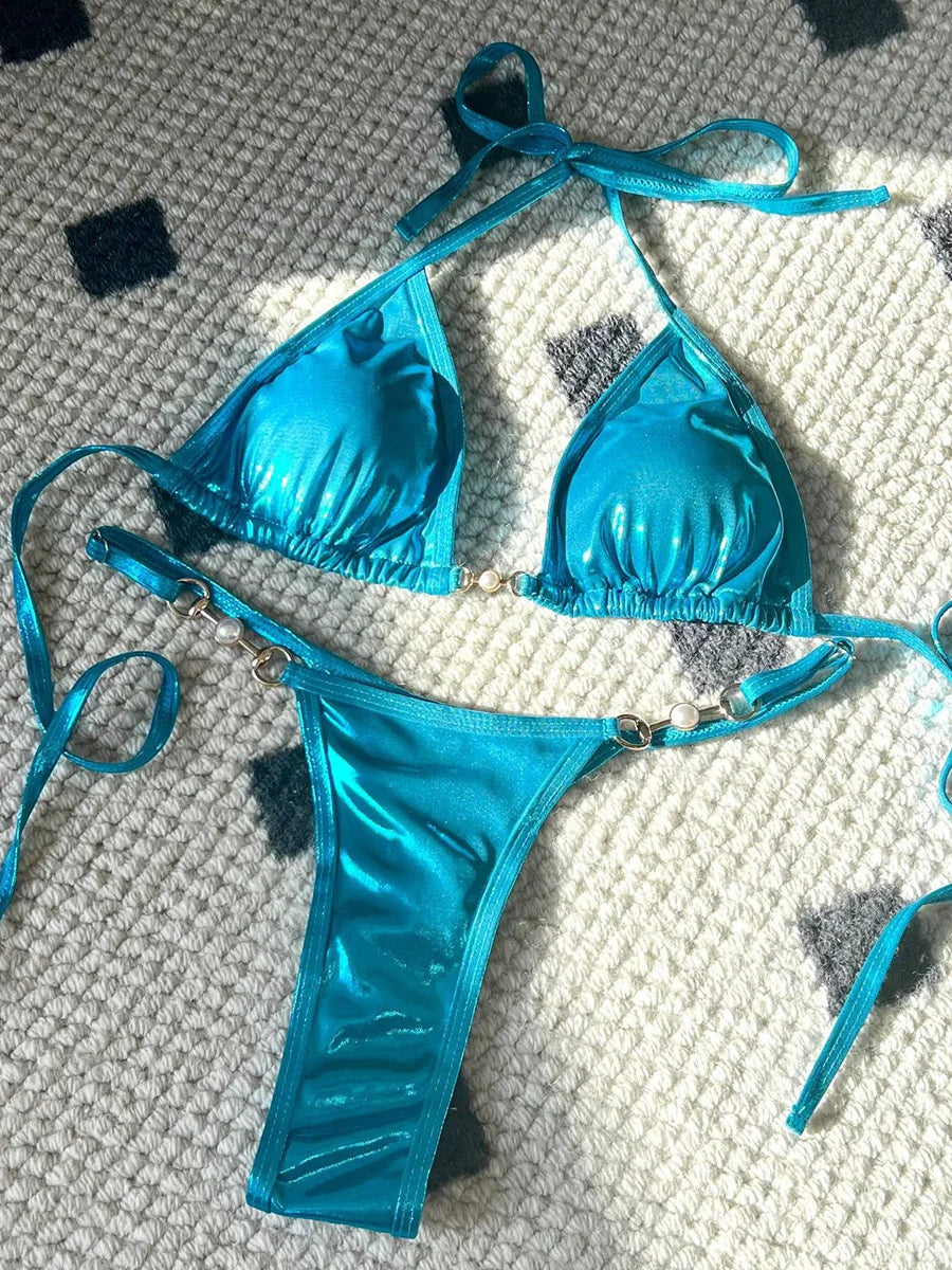 PU Leather Pearls Bikini