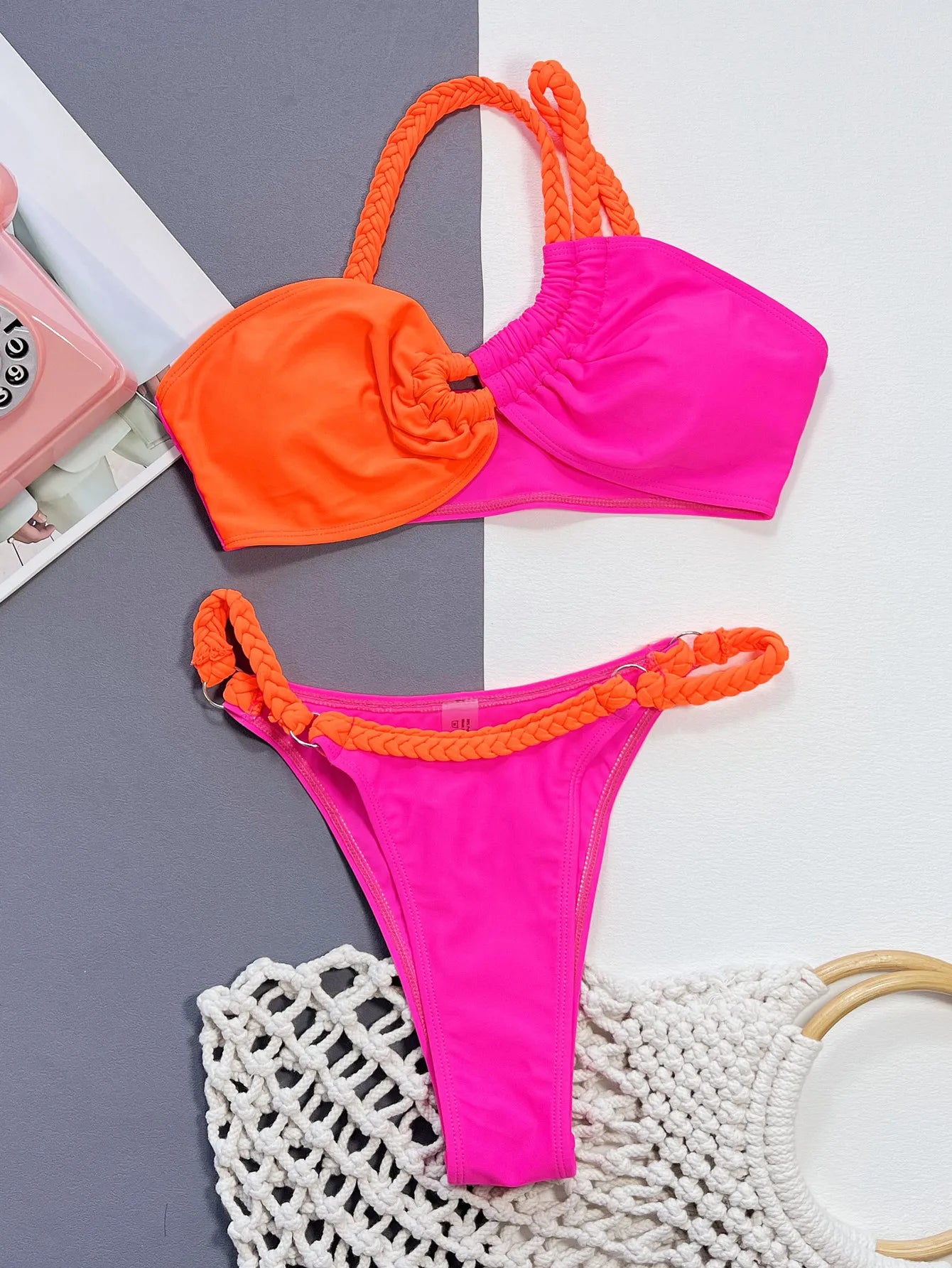 Sexy Orange Hot Pink Contrast Bikini Set