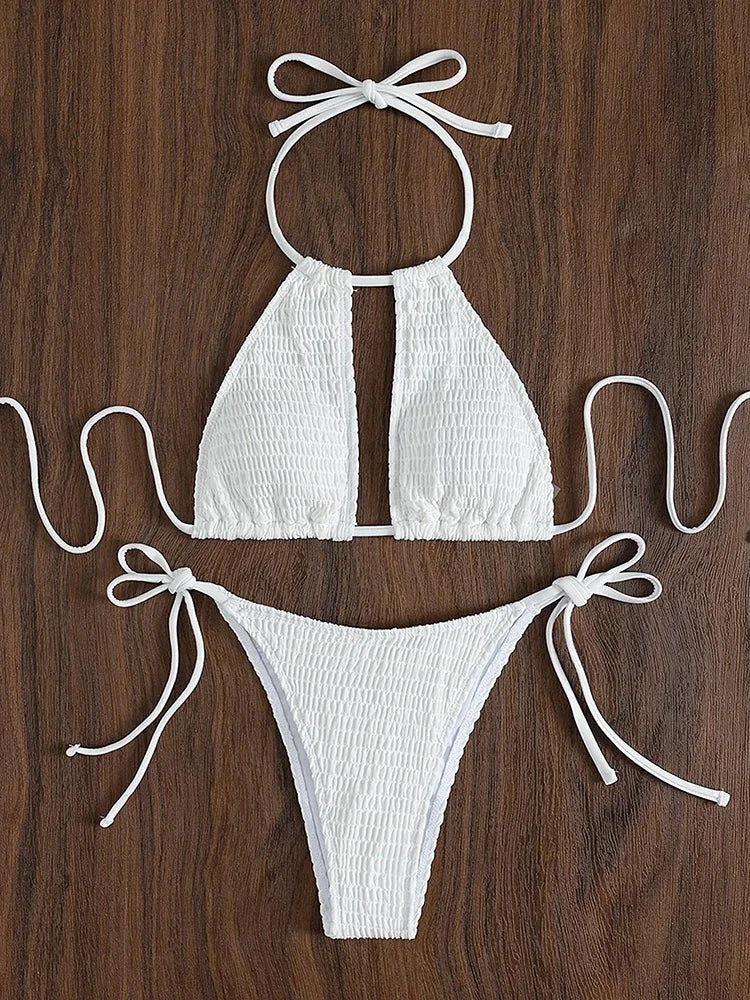 Halter Tie Side Hollow Out Smocked Bikini