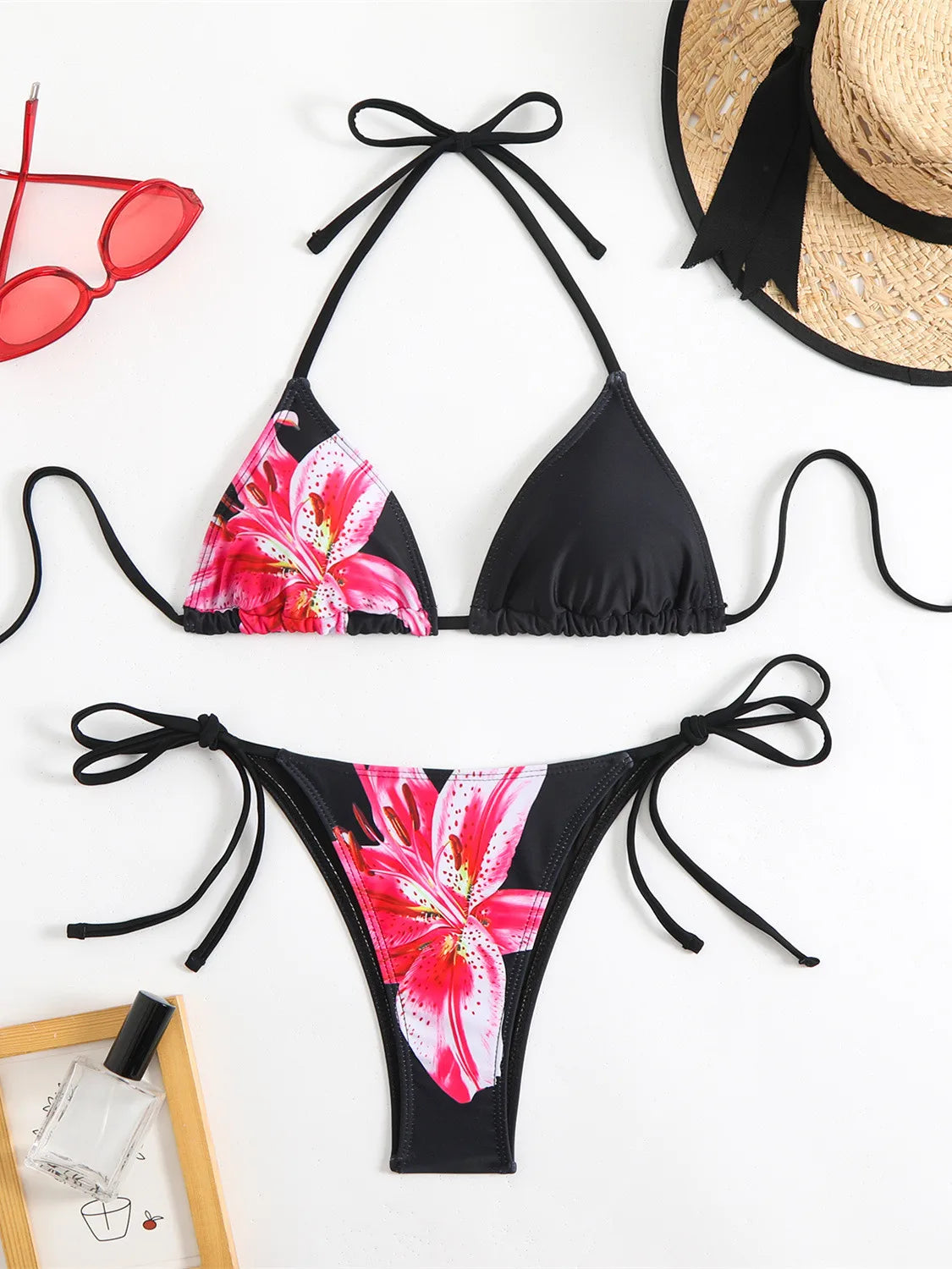 Black Floral Print Push Up Bra Tie Side Thong Swimsuit