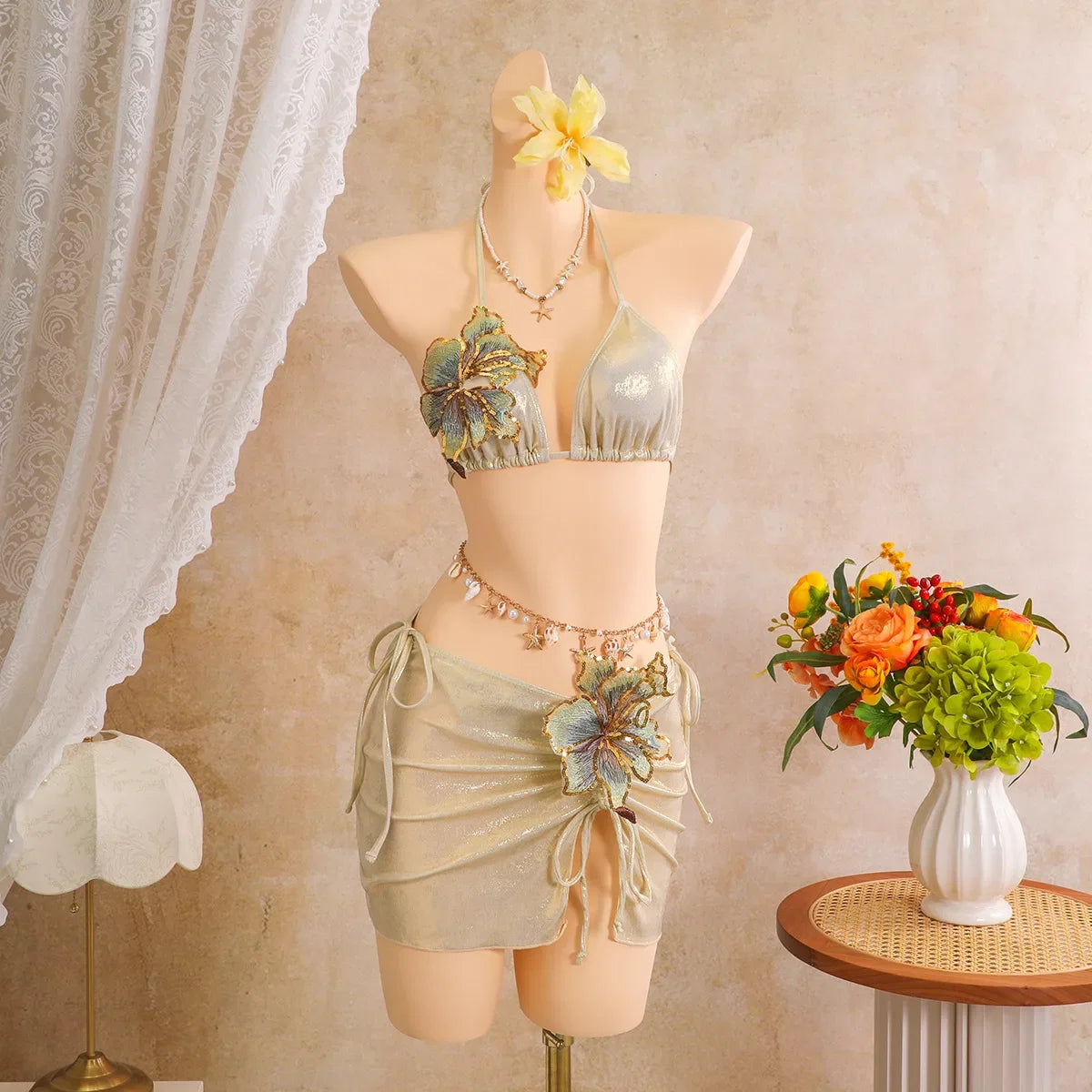 Sexy Pink 3D Flowers Embroidered Bikini Set
