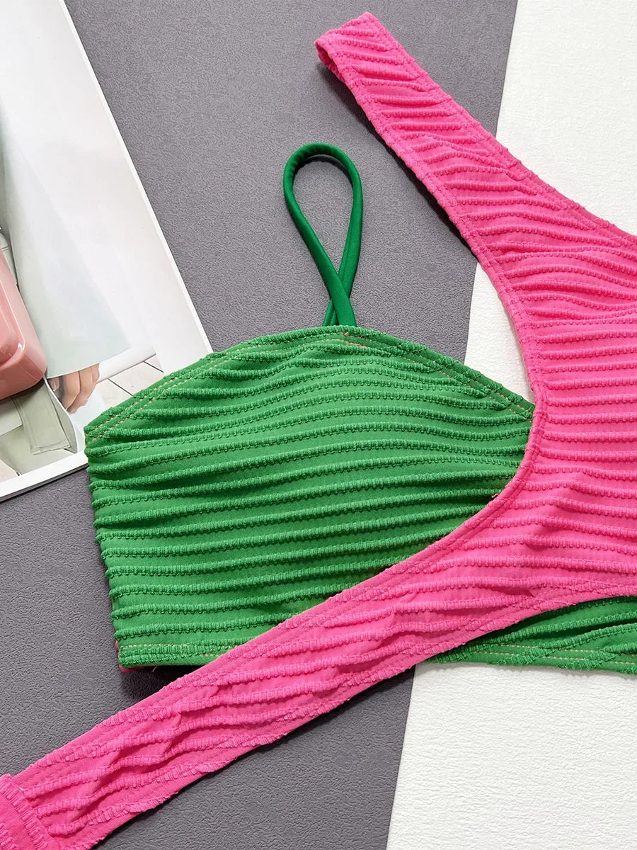 Asymmetric Splicing Ribbed Bikini