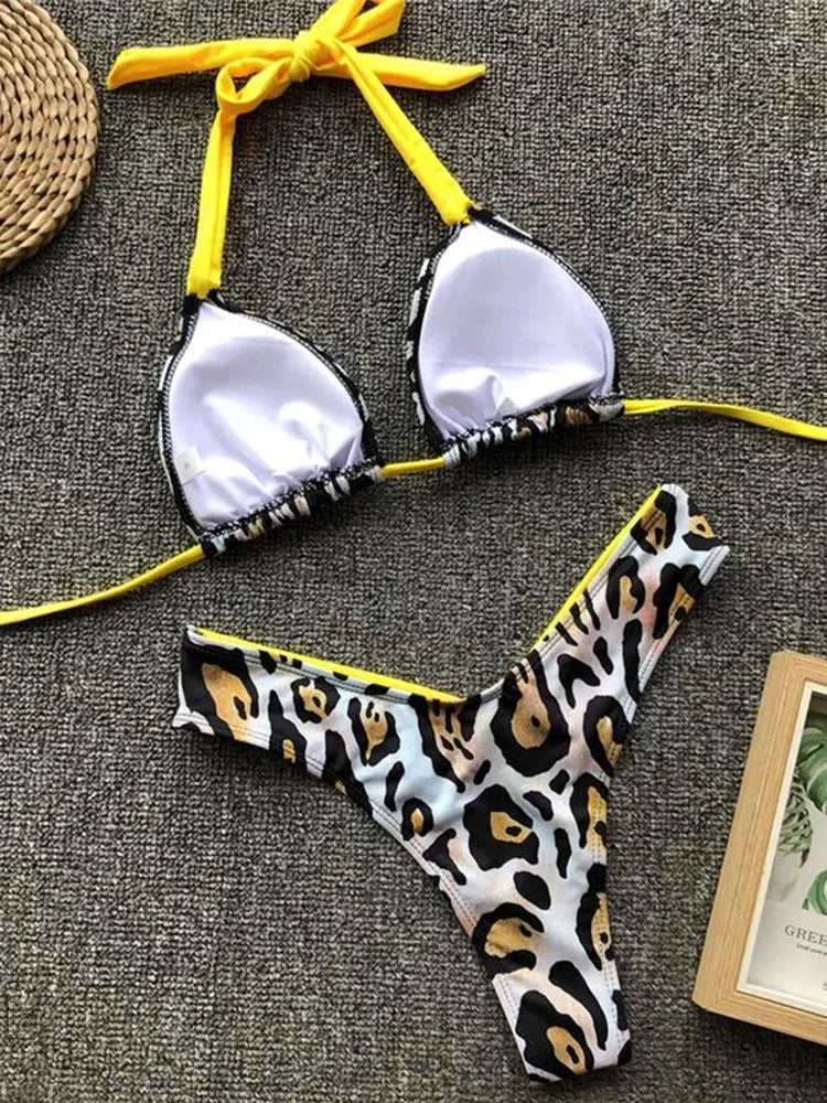 Sexy Splicing Zebra Halter Brazilian Bikini