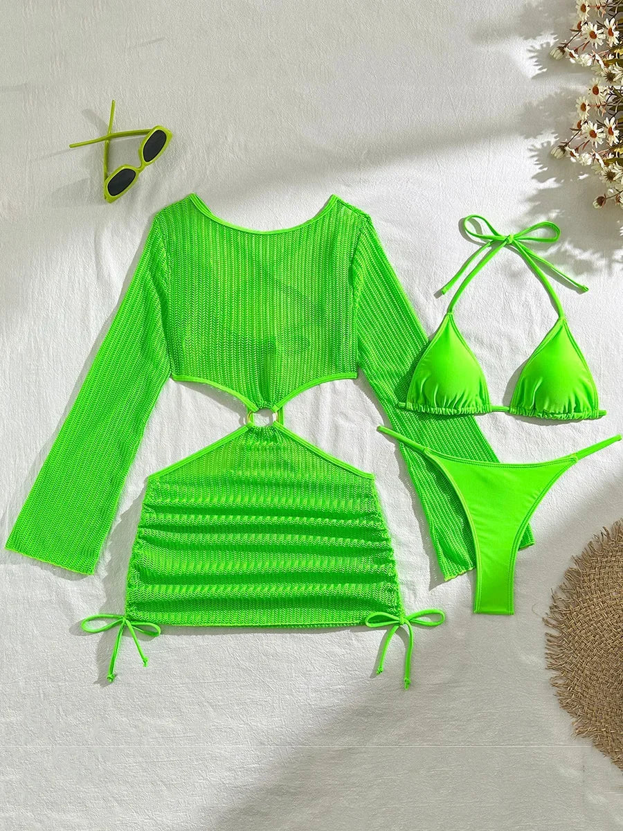 Mesh Sheer Long Sleeve Cover-Up Micro Bikini