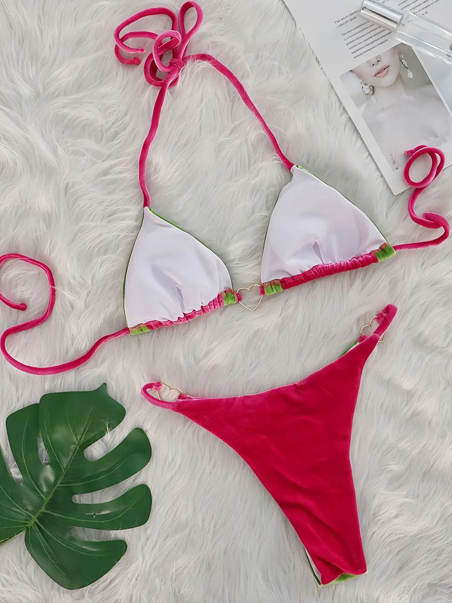 Splicing Halter Velvet Bikini