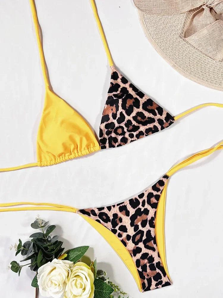 Halter Splicing Leopard Satin Bikini