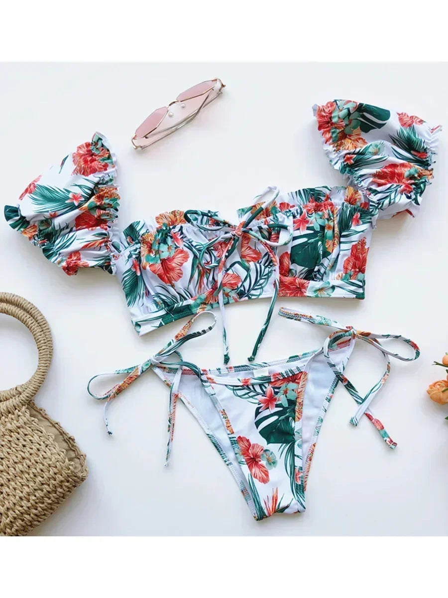 Pleated Ruffled Short Sleeve Bikini