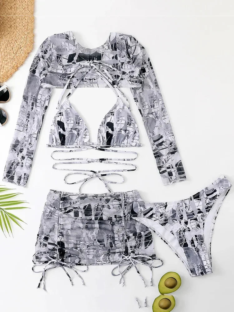 Long Sleeve Printed Halter Bikini