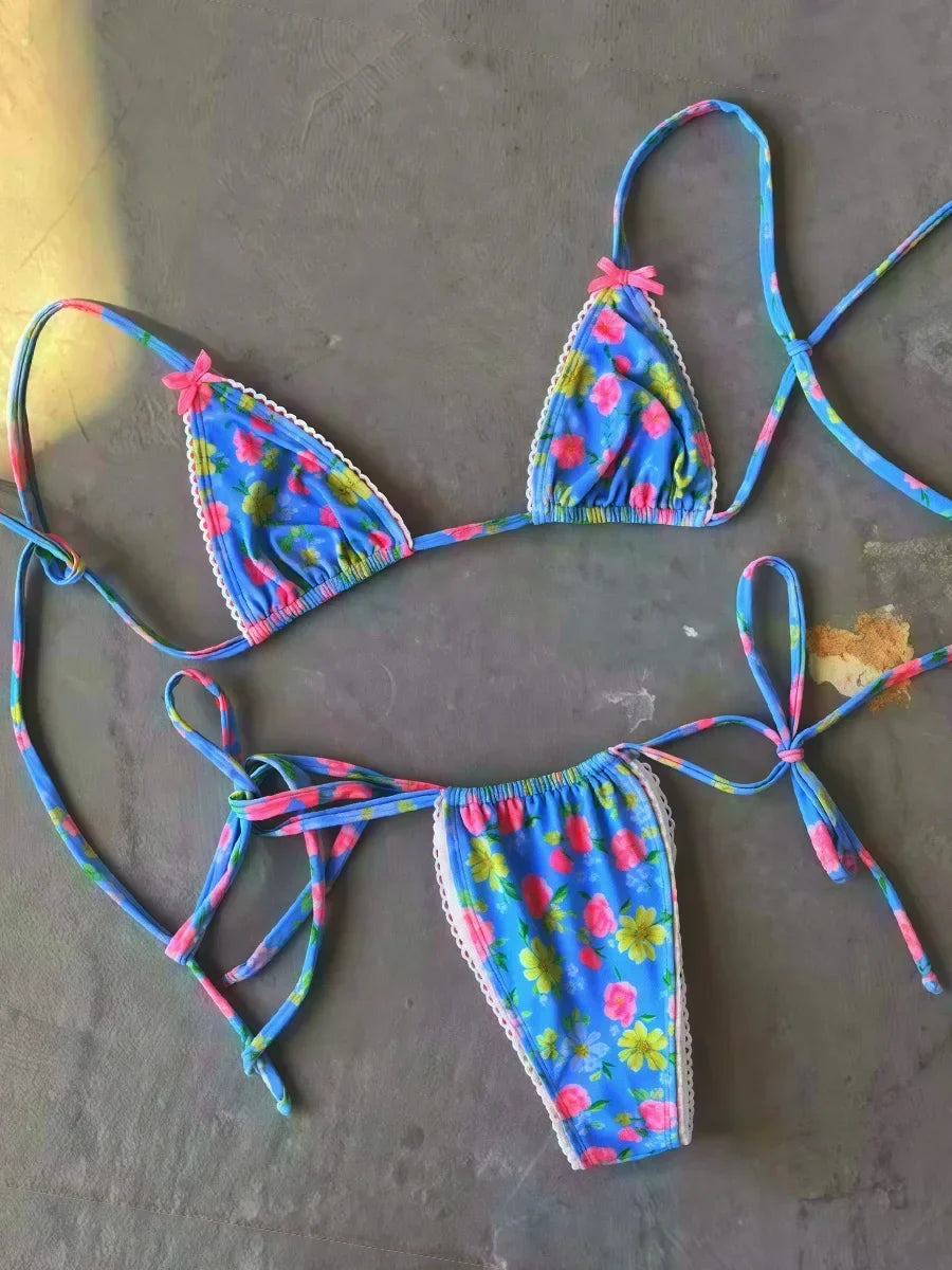 Floral Print Halter Strappy Bikini