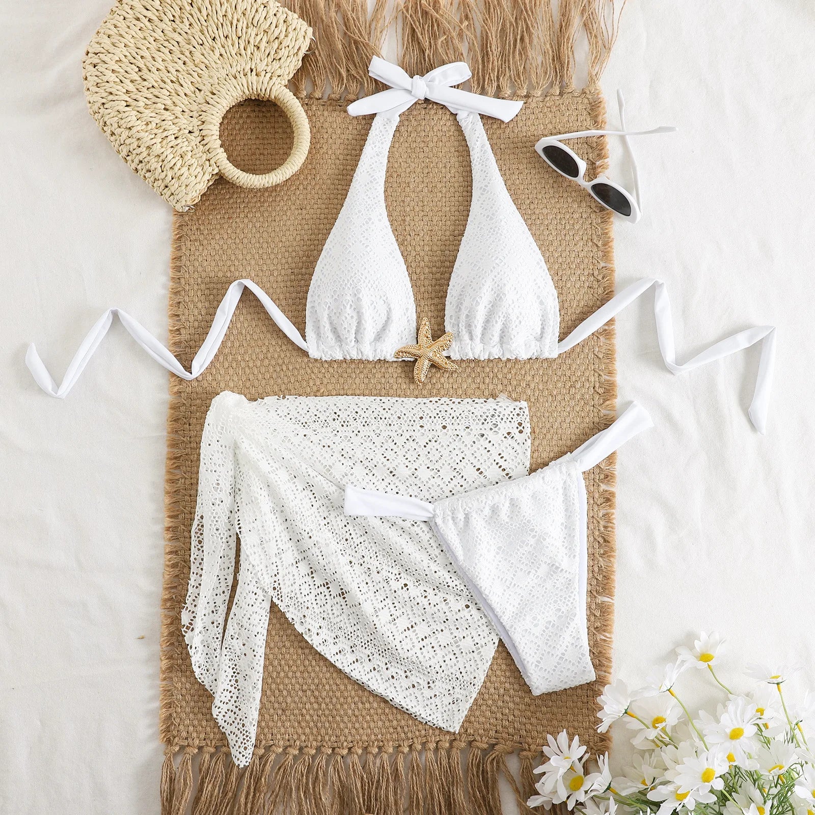 Sexy Pink Mesh Cover Up 3 Piece Bikini Set