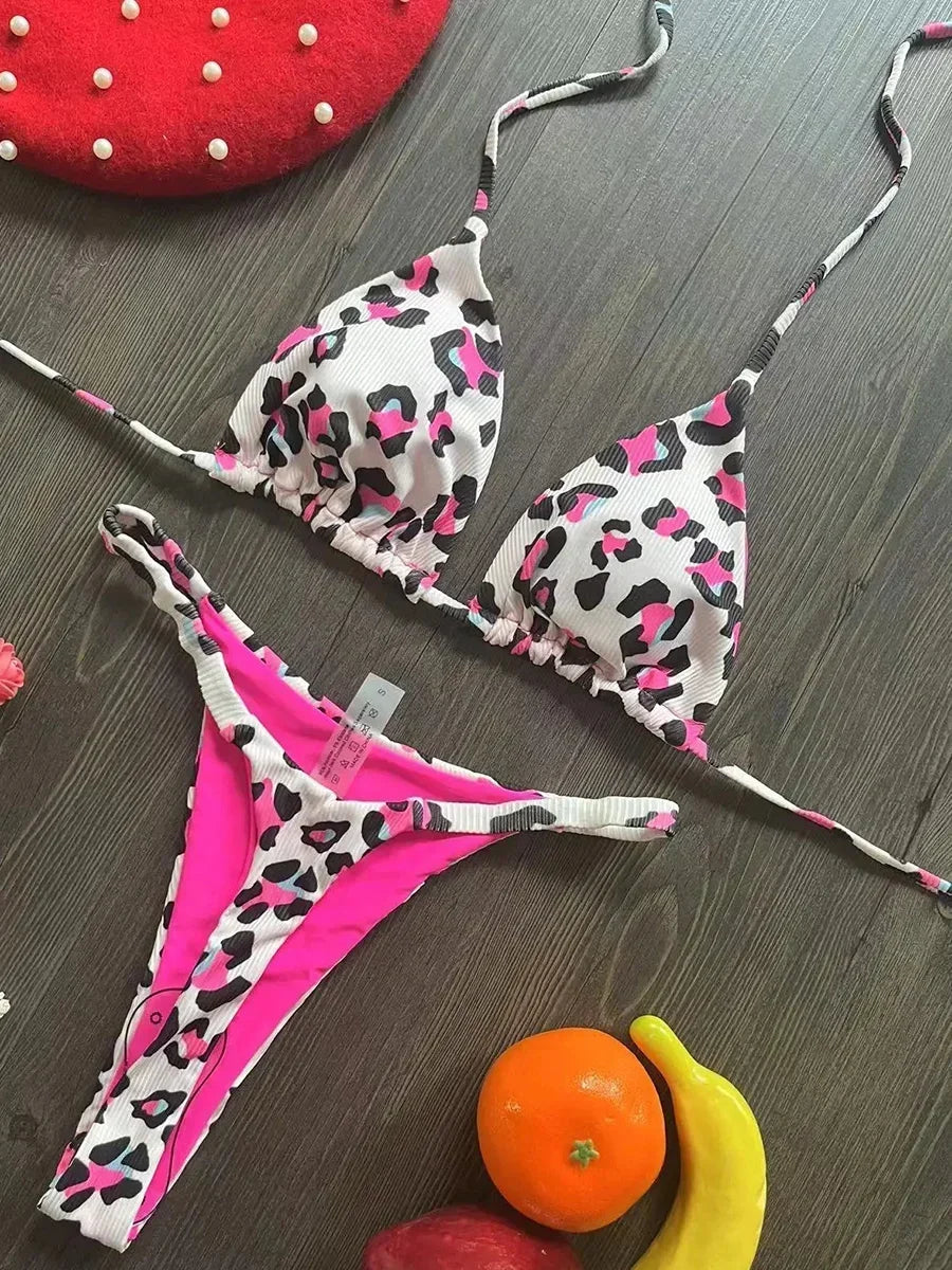 Printed Halter Wrinkled Bikini