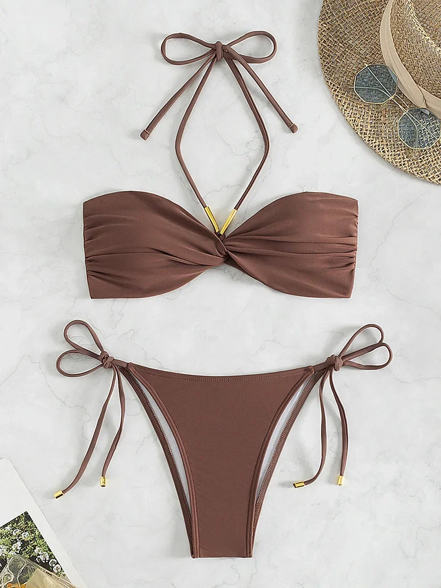 Halter Wrinkled Bandeau Bikini
