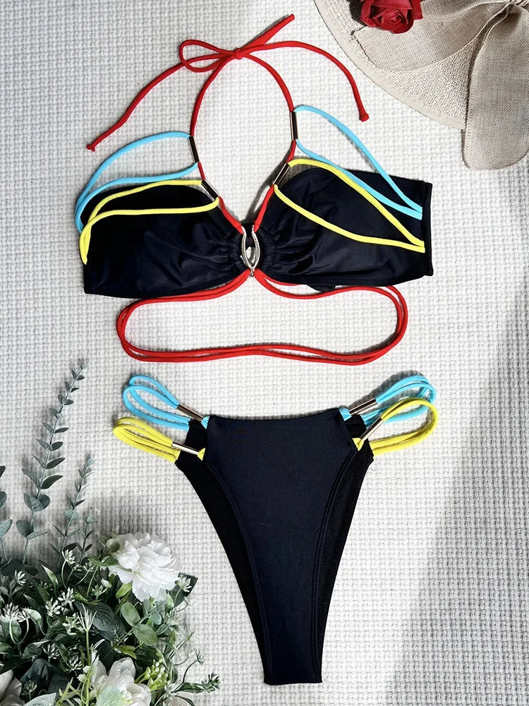New Splicing Halter High Cut Strappy Bikini