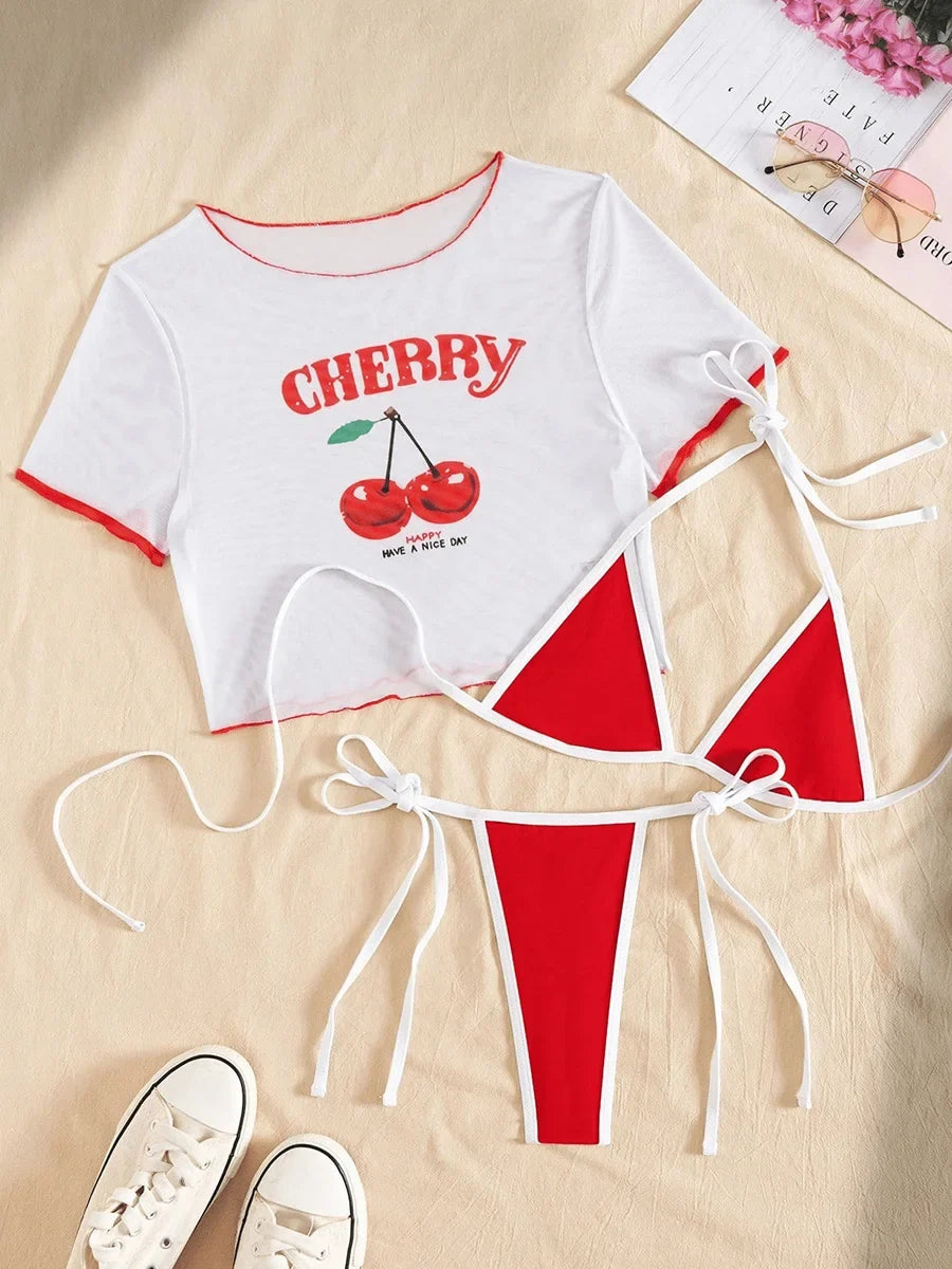 Cherry Print Mesh Short Sleeve Bikini