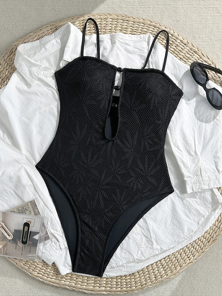Leaves Printed Mesh Hollow Out Women Swimwear One Piece Swimsuit