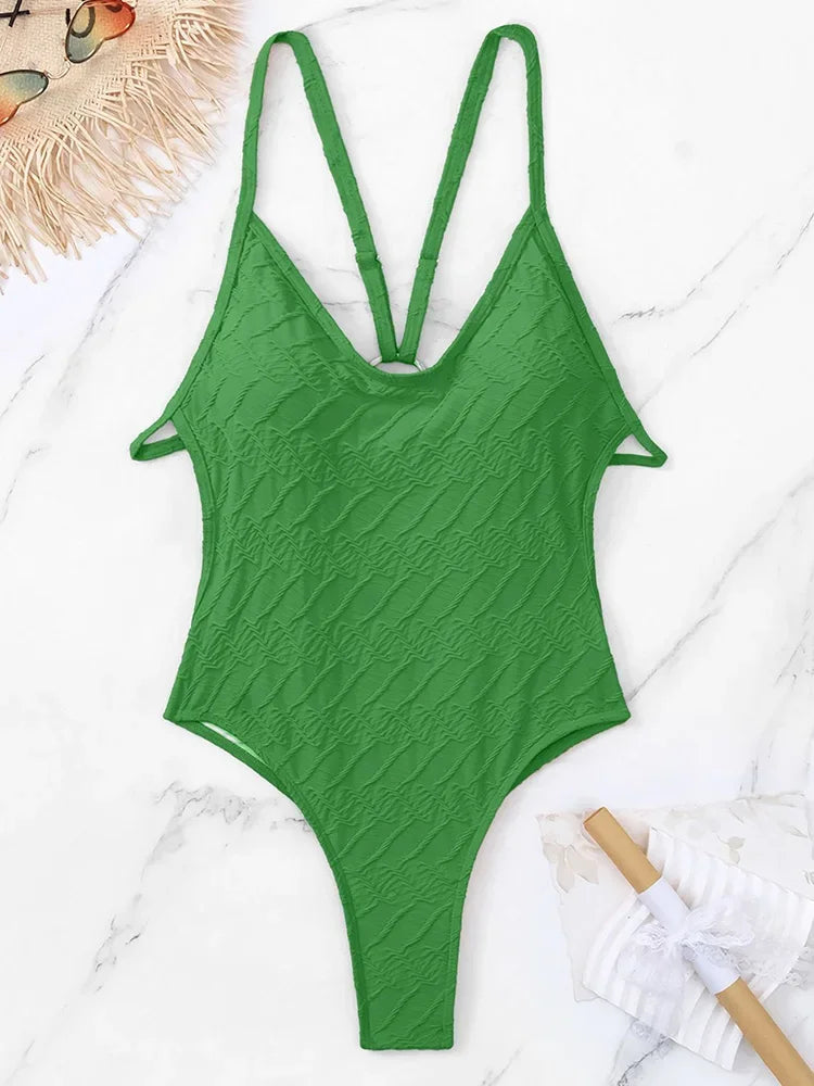 Wrinkled Criss Cross Backless Female Swimsuits