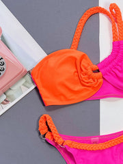 Sexy Orange Hot Pink Contrast Bikini Set