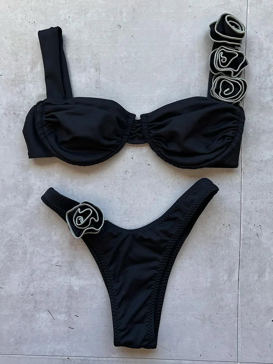 Sexy 3D Flowers Underwired Brazilian Bikini