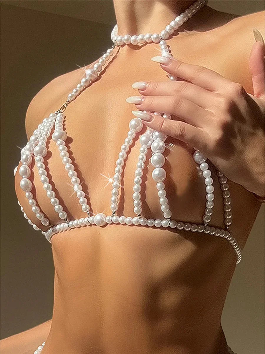 Luxury Pearls Chain Halter Hollow Out See Through Bikini