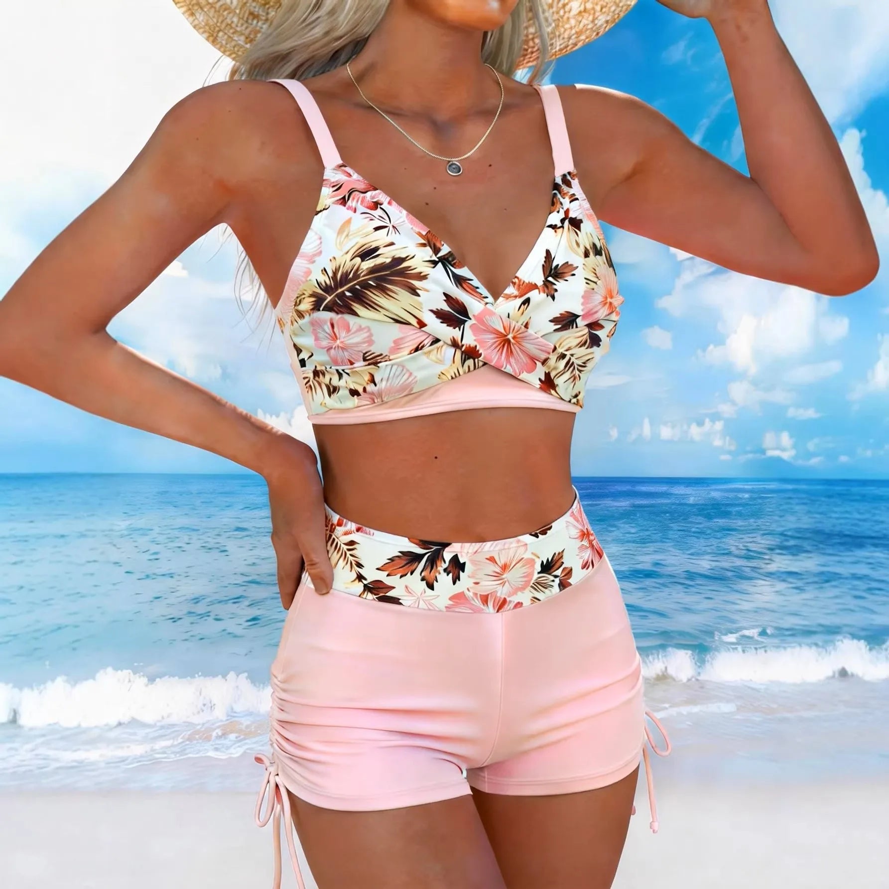 Vintage Pink Floral Print Tankini Women Cross Push Up Bra Drawstring Side High Waist Swimsuit