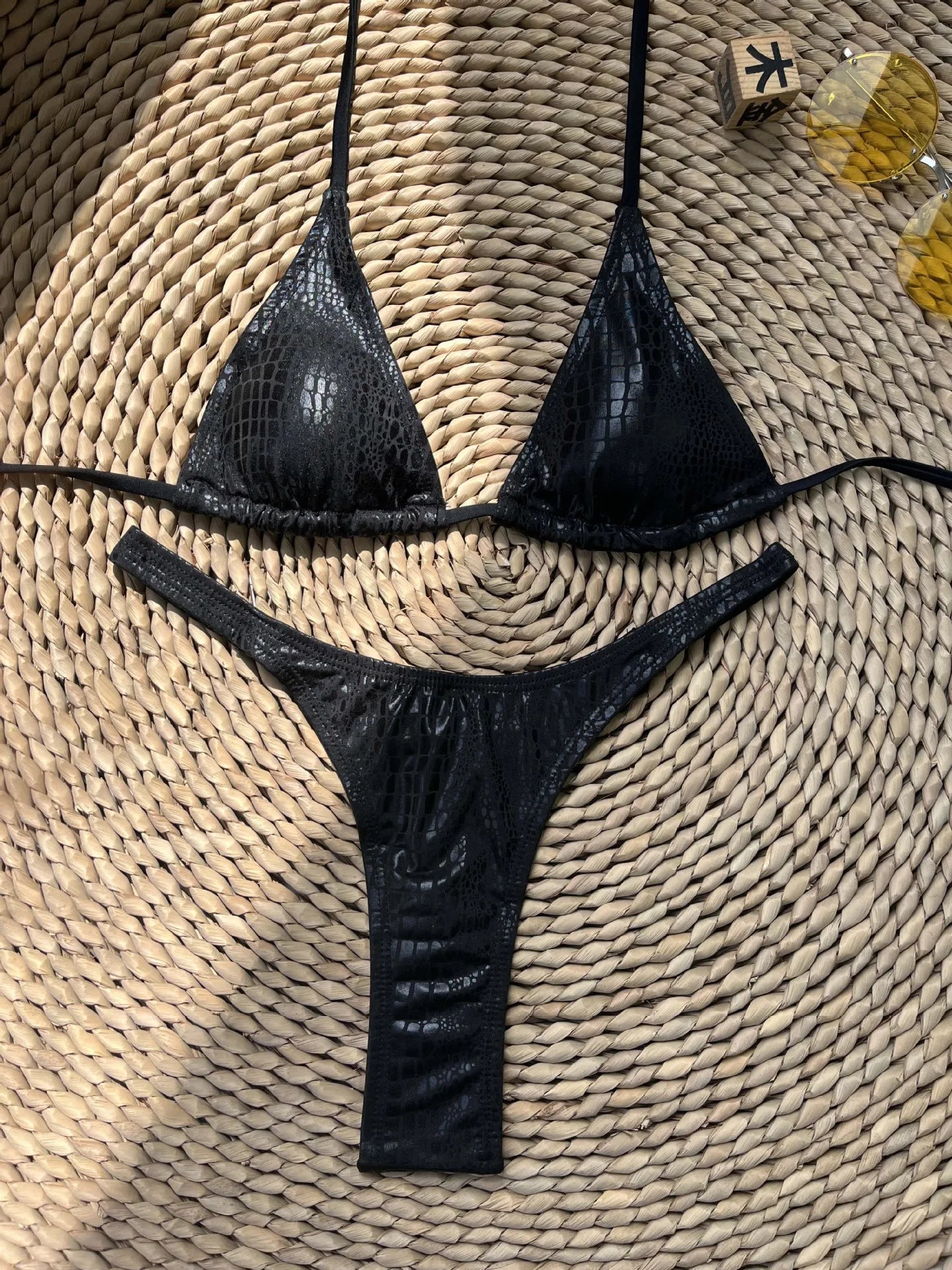 Shiny Black Snakeskin Print Bikini Set
