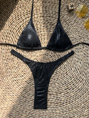 Shiny Black Snakeskin Print Bikini Set