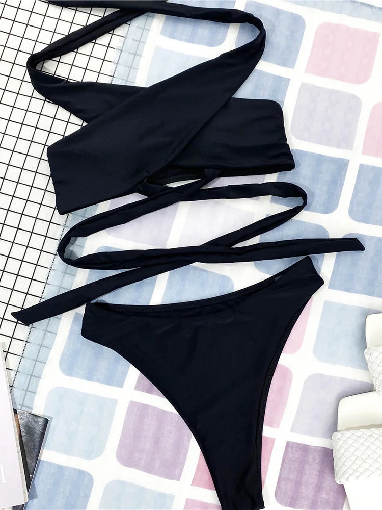 Halter Cross Bandage High Cut Bikini