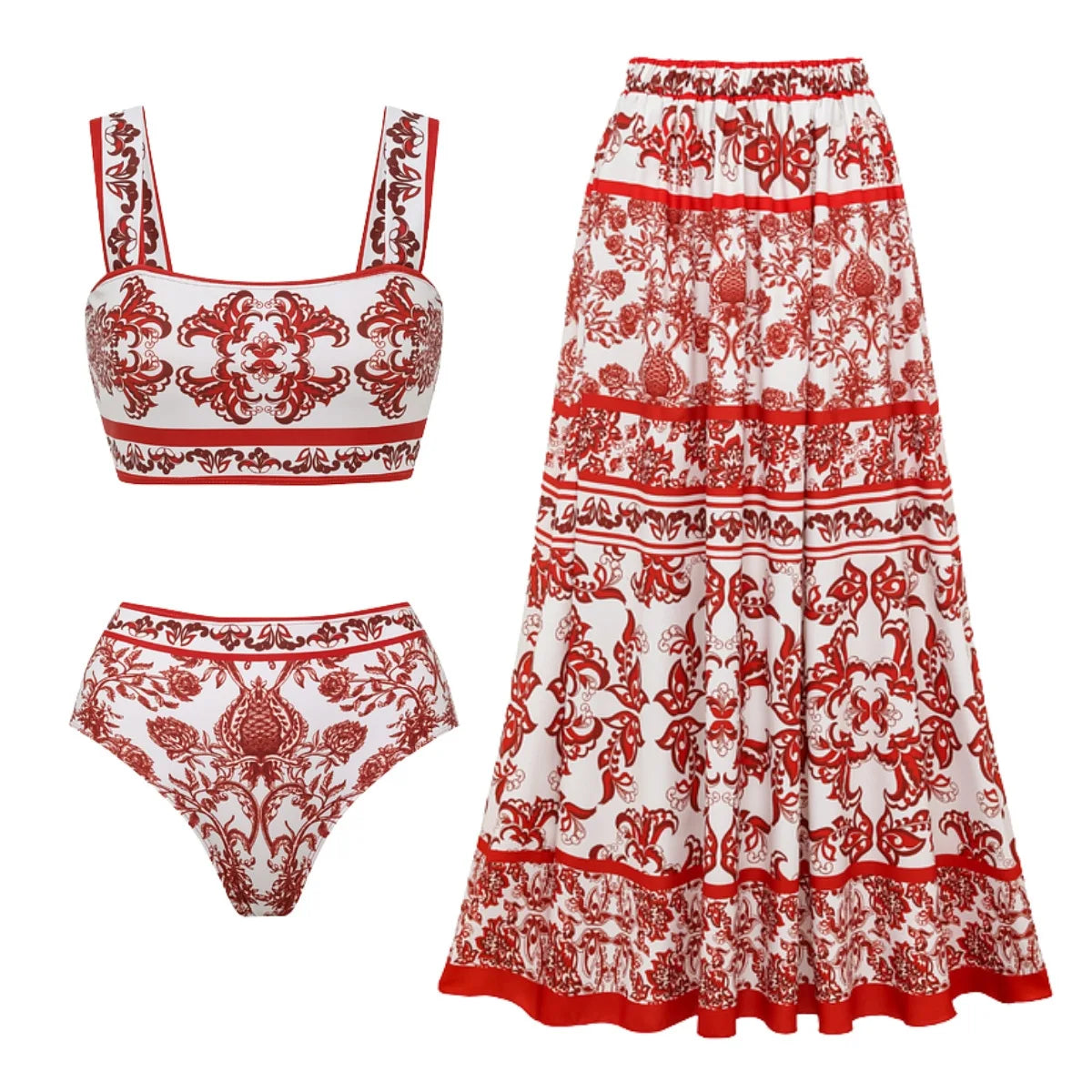 Red Ethnic Style Floral Print Bikini Set