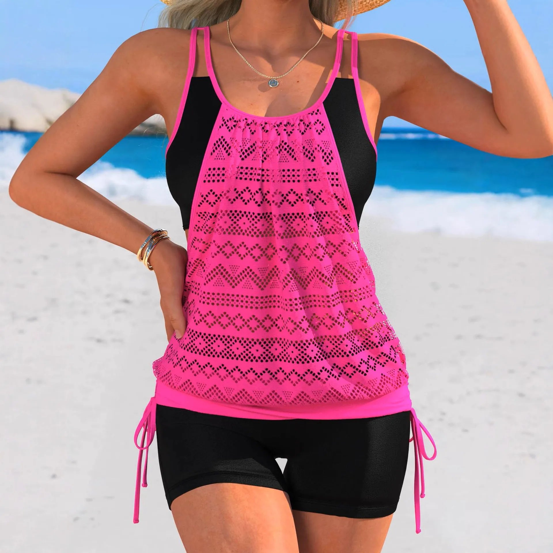 Hot Pink Patchwork Two Piece Swimsuit