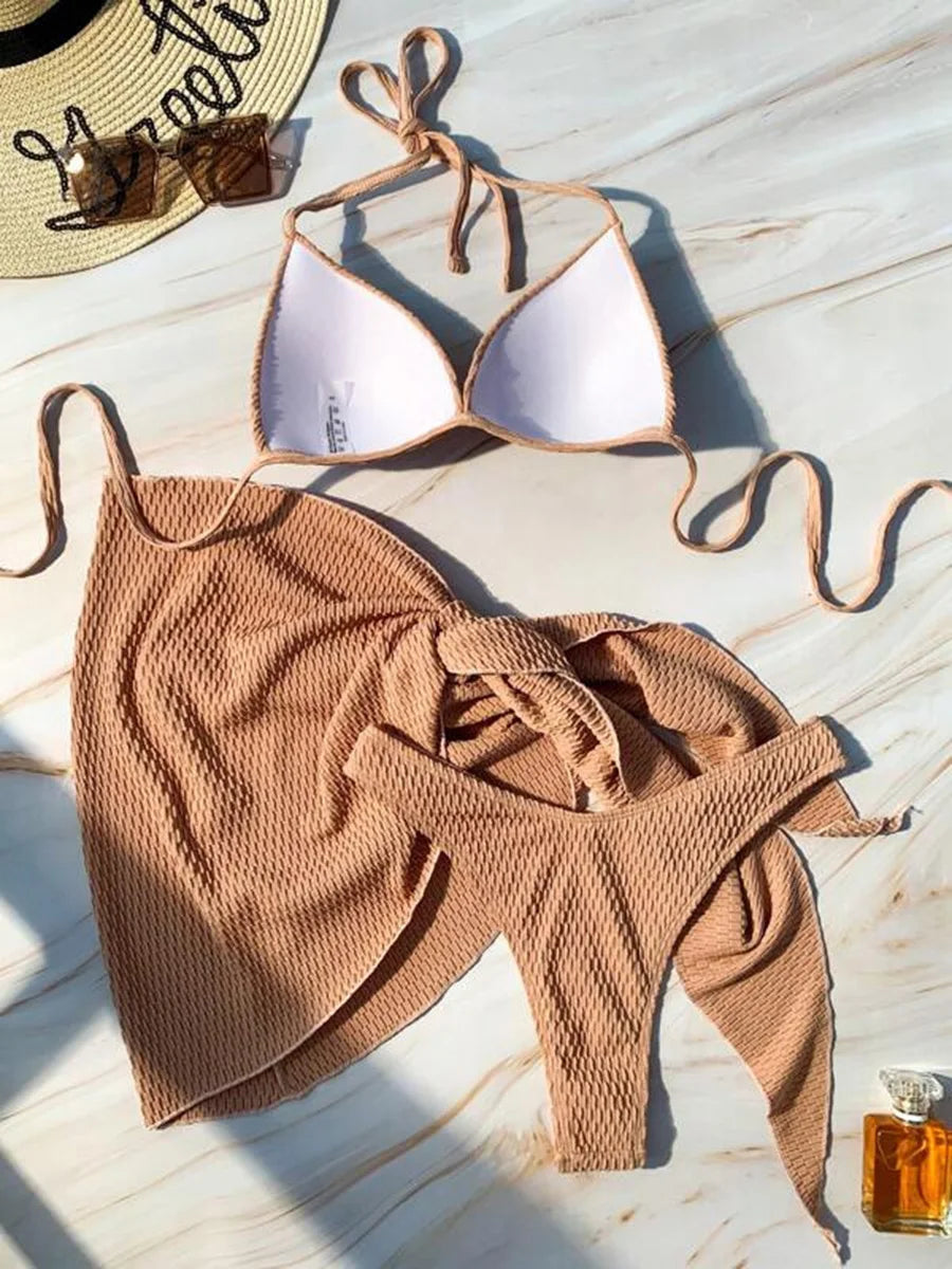 With Beach Sarong Bra Cup Wrinkled Bikini