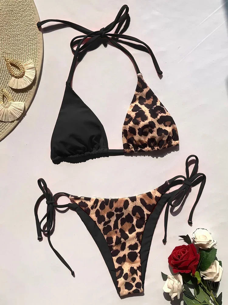 Halter Splicing Leopard Satin Bikini