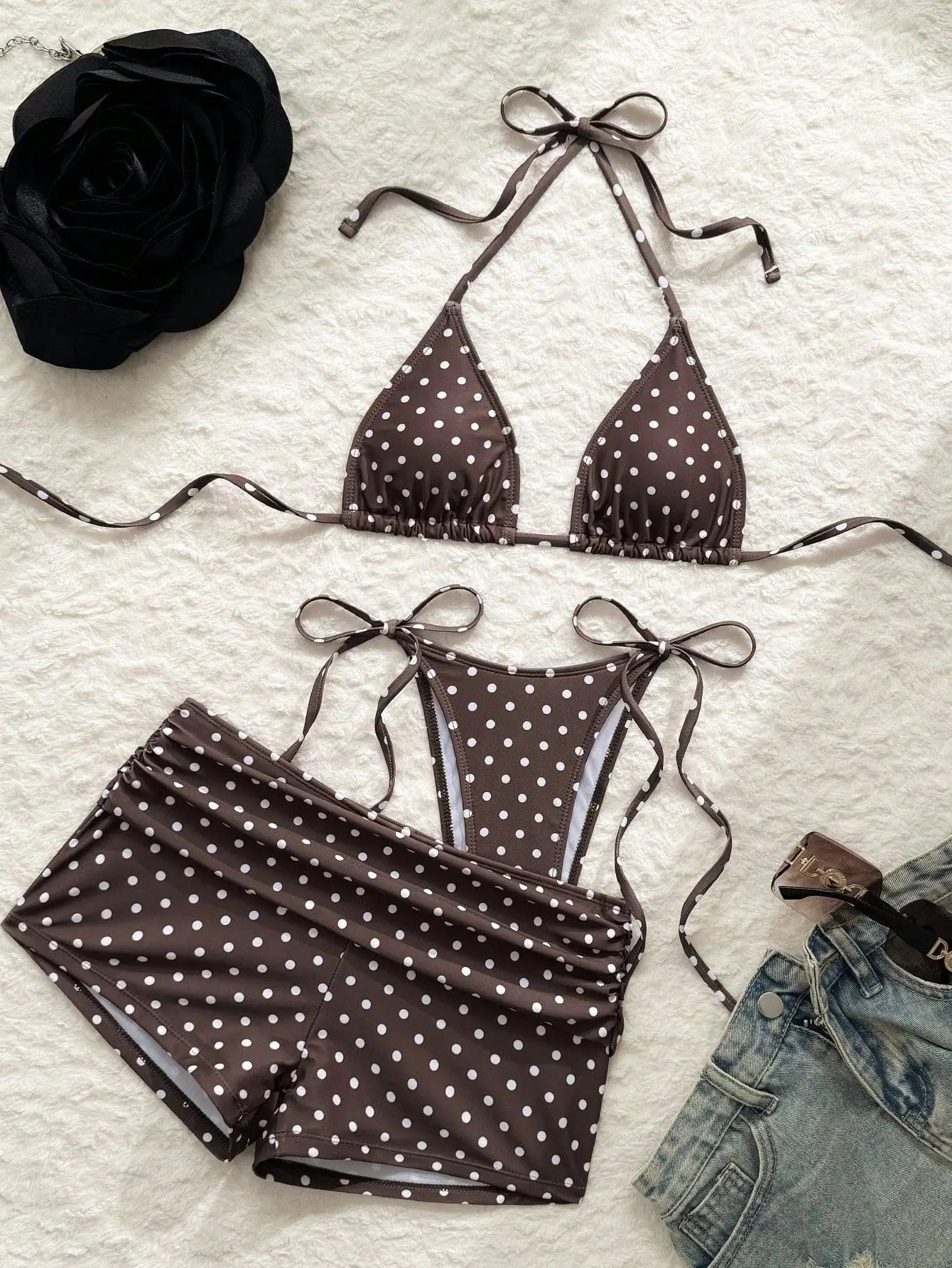 With Shorts Polka Dot Halter Mini Micro Thong Bikini