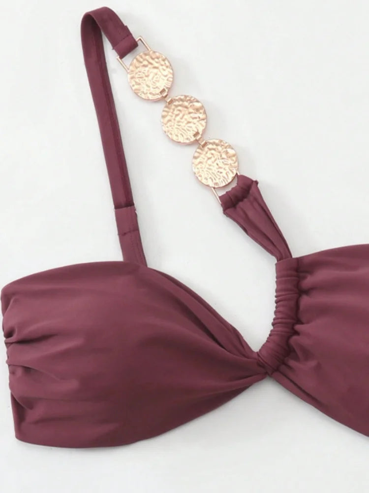 Sexy Metal Chain One Shoulder Bikini Set