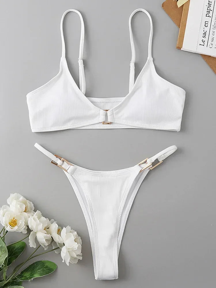 Sexy Ribbed Metal Rings High Cut Bikini
